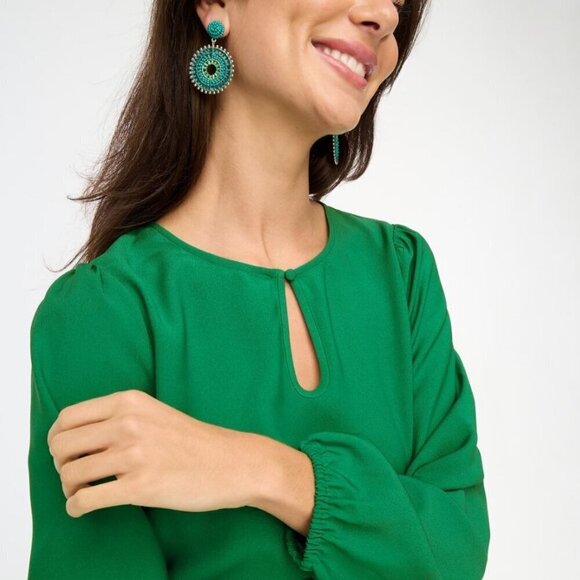 J.Crew Petite keyhole Top Long Sleeve Deep Emerald Women Size Medium Petite - Picture 2 of 15